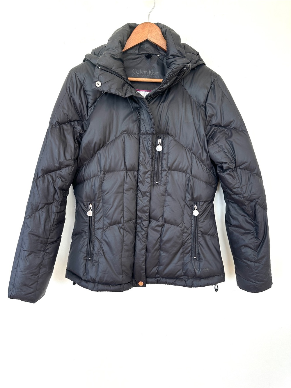 Calvin Klein down filled quilted puffer jacket with detachable hood, fitted cut